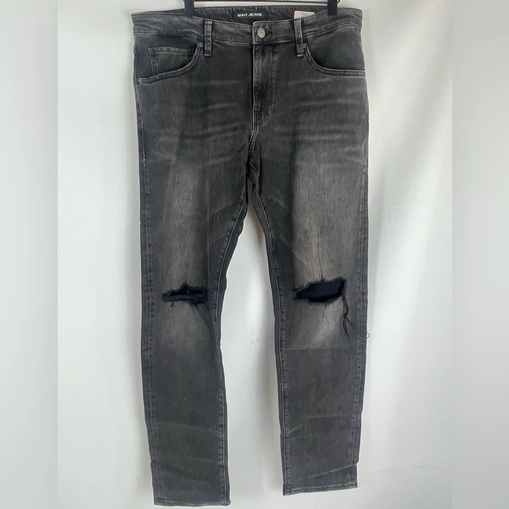 Mavi Jake Jeans Mens 36 x 34 Black Wash Slim Leg Distressed Jeans